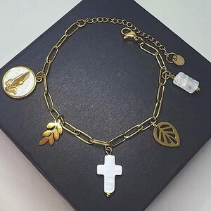 Cross,Olive Branch, Prayer, Natural Stone Paperclip Chain Charm Bracelet